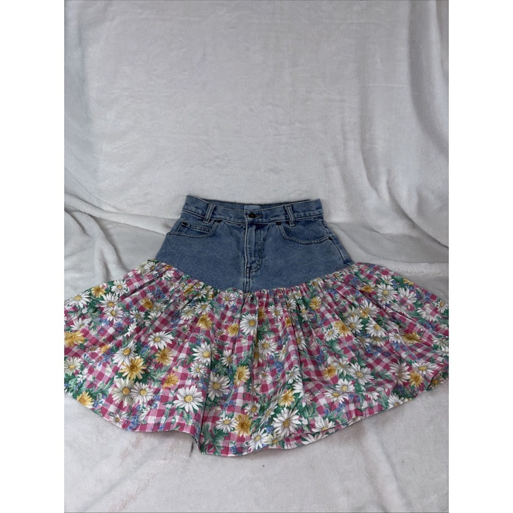 Ponytails Skirt Size 10 Denim Floral Vintage Inspired Casual Western Flare EUC